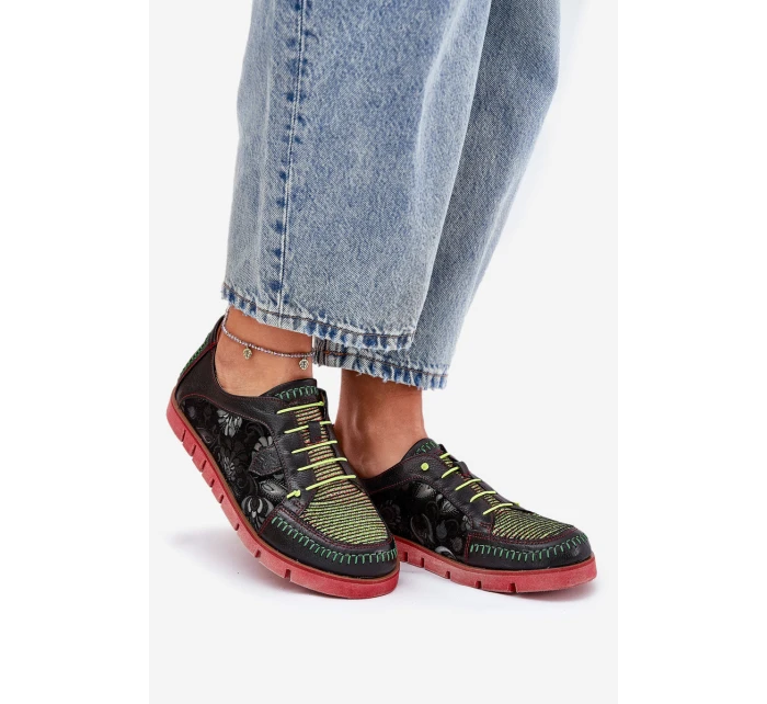 Skórzane Półbuty Damskie Wzorzyste Maciejka 06784-20 Czarne