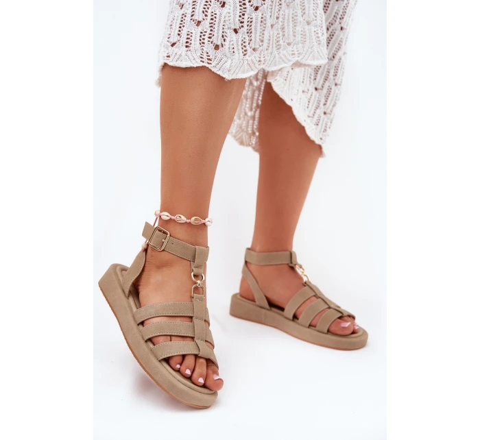 Sandały Damskie Na Platformie Ze Złotym Detalem Khaki Kartia Sandały Damskie Na Platformie Ze Złotym Detalem Khaki Kartia