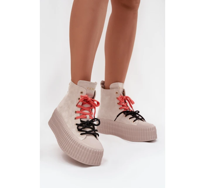 Zamszowe Ocieplane Trampki Damskie Na Masywnej Platformie GOE SS2N4047 Beżowe