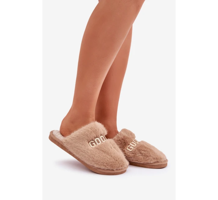 Kapcie Damskie Z Futerkiem I Napisem Brązowe Kalelia