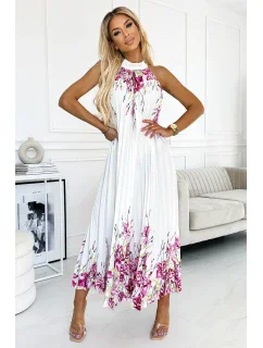 Bílé dámské plisované saténové maxi šaty se vzorem květů model 21883672 - numoco basic