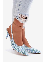 Ozdobené dámské sandály na jehlovém podpatku s květinovým vzorem modré Olivelle