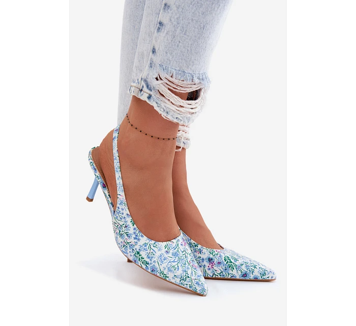 Ozdobené dámské sandály na jehlovém podpatku s květinovým vzorem modré Olivelle
