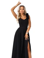 model 21803453 Elegantní večerní maxi šaty s rozparkem a růžemi klasické černé - numoco model 21803453 Elegantní večerní maxi šaty s rozparkem a růžemi klasické černé - numoco