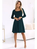 574-1 IVANA pohodlné trapézové šaty s výstrihom a dlhými rukávmi - BOTTLE GREEN