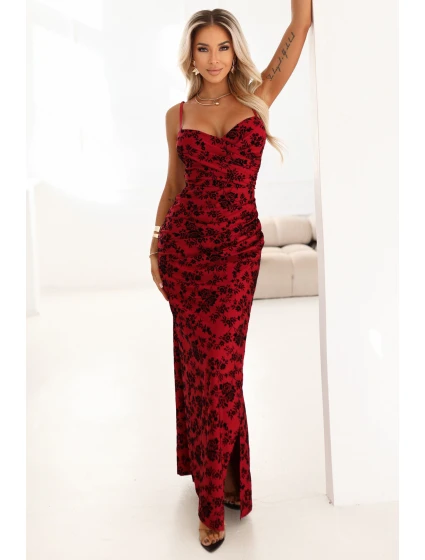 Přiléhavé maxi šaty s obálkovým výstřihem a rozparkem vínové s vzorem model 21859675 - numoco basic