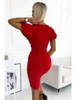 NINA - Červené dámske šaty s preloženým obálkovým výstrihom, rukávmi a opaskom 479-3