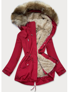 Červeno-tmavo béžová dámska zimná bunda s machovitým kožúškom (W553)