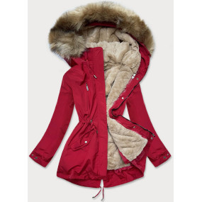 Červeno-tmavo béžová dámska zimná bunda s machovitým kožúškom (W553)