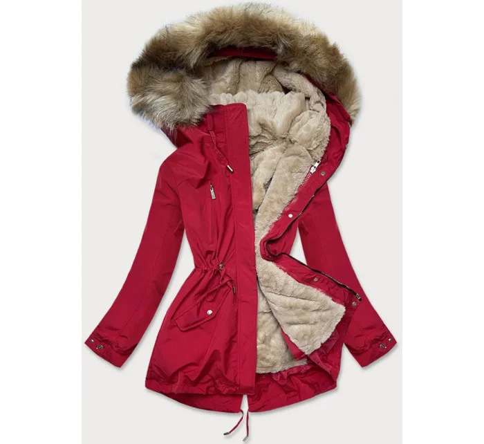 Červená-tmavobéžová dámska zimná bunda s machovou kožušinovou podšívkou (w553)
