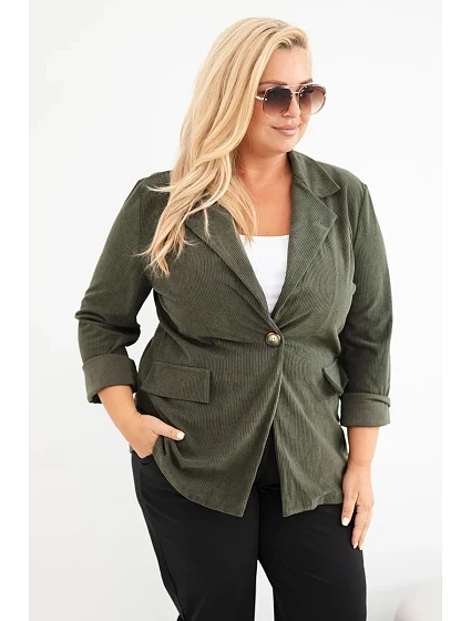 Dámske sako Plus Size z manšestru s klopami a vreckami v khaki farbe Dámske sako Plus Size z manšestru s klopami a vreckami v khaki farbe