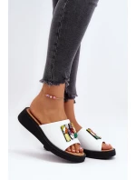 Skórzane Klapki Damskie Z Ozdobą Białe Asames