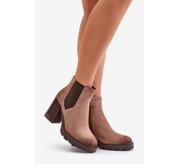 Ocieplane Botki Damskie Na Słupku Z Eko Zamszu Vinceza 58356 Beżowe