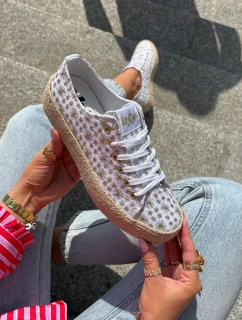 Wzorzyste Trampki Damskie Na Platformie Z Plecionką Lee Cooper LCW-25-08-3648L Biało-Złote