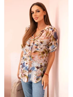 Dámske viskózové tričko s 3/4 rukávmi s akvarelovým vzorom v béžovej farbe