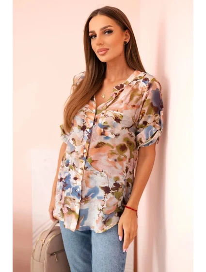 Dámske viskózové tričko s 3/4 rukávmi s akvarelovým vzorom v béžovej farbe Dámske viskózové tričko s 3/4 rukávmi s akvarelovým vzorom v béžovej farbe