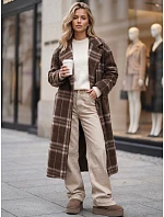 Płaszcz damski długi dwurzędowy z wełną w kratę brązowy FashionStreet NY0828 Płaszcz damski długi dwurzędowy z wełną w kratę brązowy FashionStreet NY0828