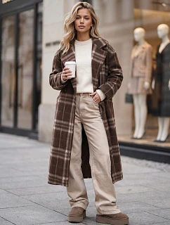 Płaszcz damski długi dwurzędowy z wełną w kratę brązowy FashionStreet NY0828