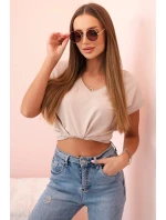 Dámska bavlnená blúzka s véčkovým výstrihom a krátkymi rukávmi béžová