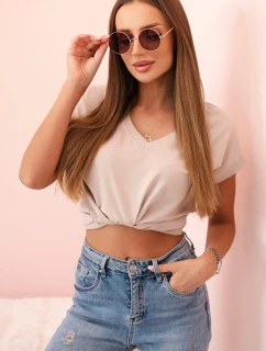 Dámska bavlnená blúzka s véčkovým výstrihom a krátkymi rukávmi béžová