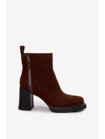 Botki Damskie Z Naturalnego Zamszu Na Słupku Ocieplane Vinceza 91141 Brązowe