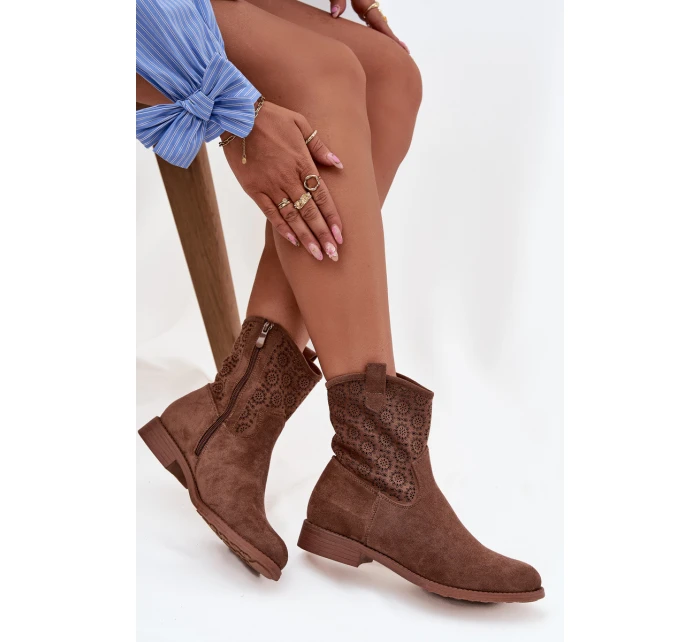 Dámske členkové topánky na plochom podpätku s ažurovým vzorom S.Barski - hnedé Dámske členkové topánky na plochom podpätku s ažurovým vzorom S.Barski - hnedé
