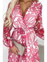 Dámské síťované šaty ve fuchsiové barvě s výstřihem a dlouhými rukávy model 18630781 - numoco basic Dámské síťované šaty ve fuchsiové barvě s výstřihem a dlouhými rukávy model 18630781 - numoco basic