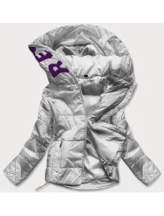 Strieborná lesklá prešívaná dámska bunda s kapucňou (B9568)