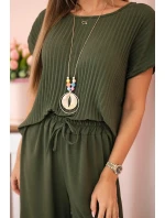 Viskózový komplet plisovaná halenka + kalhoty khaki