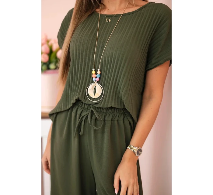 Viskózový komplet plisovaná halenka + kalhoty khaki