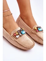 Damskie Zamszowe Mokasyny Z Kryształkami Beżowe Lucille