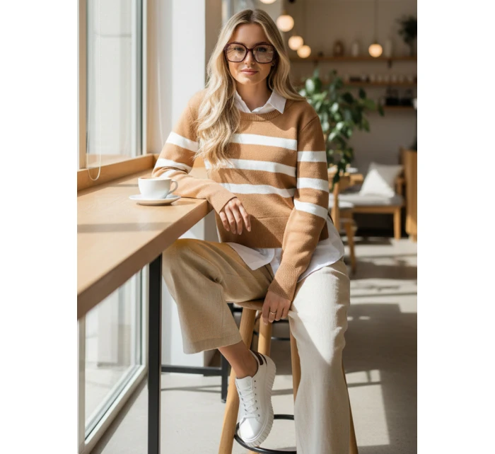 Dámský pruhovaný svetr camel Dstreet model 21971150 - FashionStreet