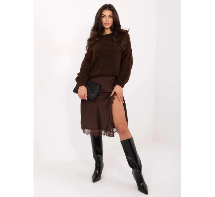 Saténová midi sukňa s čipkou hnedá (3275) Saténová midi sukňa s čipkou hnedá (3275)