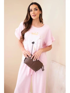 Dámsky viskózový set s potlačou blúzky a nohavíc candy pink