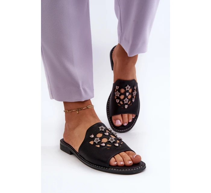 Błyszczące Klapki Damskie Z Ozdobami S.Barski KV27-063 Czarne