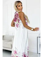 Bílé dámské plisované saténové maxi šaty se vzorem květů model 21883672 - numoco basic