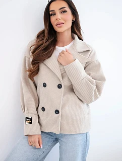 Dámske krátke dvojradové sako s golierom béžovej farby