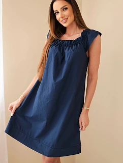 Dámske bavlnené šaty s nariaseným výstrihom a volánom námornícka modrá