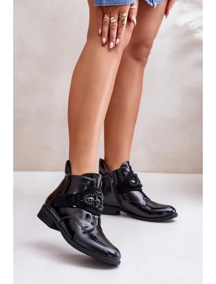 Lakované Dámské Boty S Ozdobou Zateplené Černé model 21671780 - S.Barski