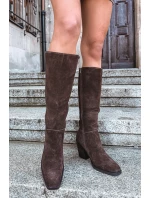 Semišové Kozačky Na Podpatku Zip Čokoládové model 21705071 - Boto