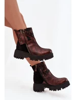 Kožené zateplené kotníkové boty na platformě a plochém podpatku model 21725100 hnědé - Maciejka