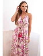 Dámské viskózové šaty na ramínka s hlubokým výstřihem a volánem fialka