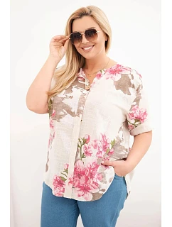Dámske bavlnené Plus veľkosť V-neck blúzka s kvetinovým vzorom béžová