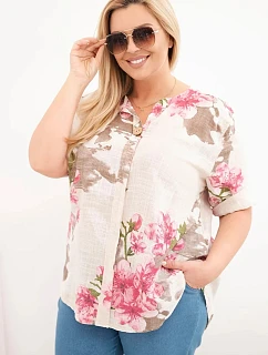 Dámská bavlněná halenka Plus Size s výstřihem do V s květinovým vzorem béžová