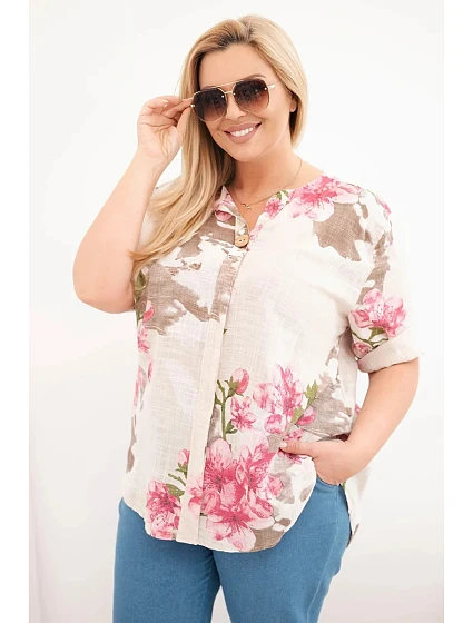 Dámske bavlnené Plus veľkosť V-neck blúzka s kvetinovým vzorom béžová
