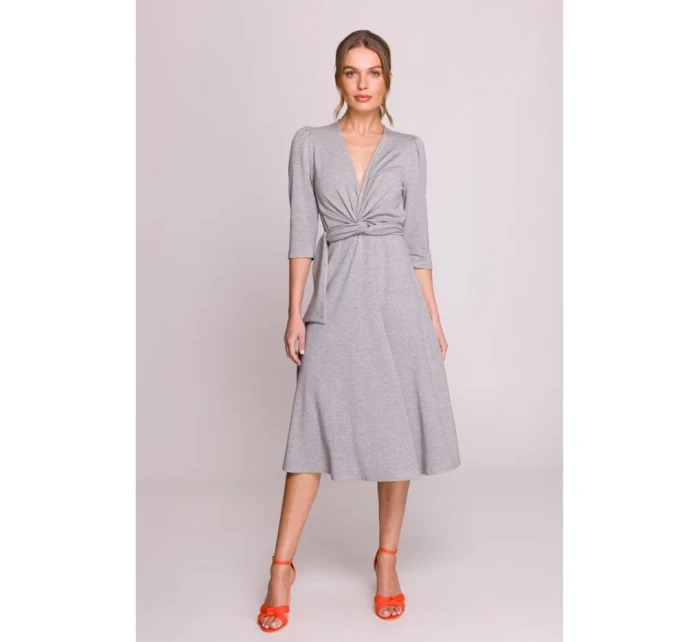S404 Pletené šaty s opaskom na zaväzovanie - sivé