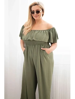 Dámský overal Plus Size s volánem a krátkým rukávem khaki