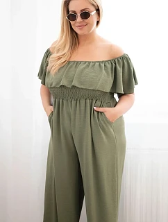 Dámský overal Plus Size s volánem a krátkým rukávem khaki