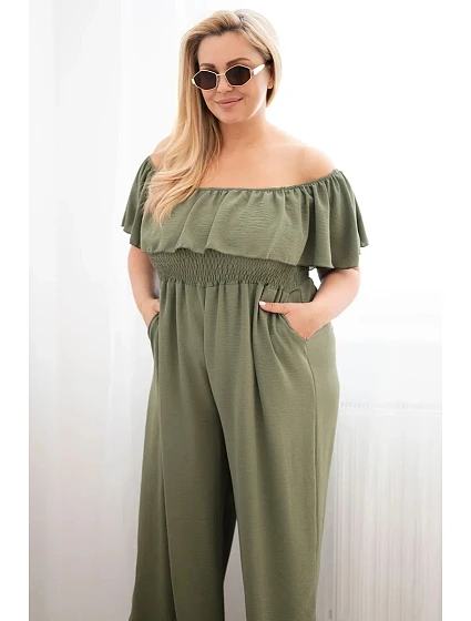 Dámske Plus veľkosť kombinéza s volánom a krátkymi rukávmi Khaki Dámske Plus veľkosť kombinéza s volánom a krátkymi rukávmi Khaki