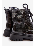 Zateplené dívčí botky s medvídkem na zip lakované černé Relobia